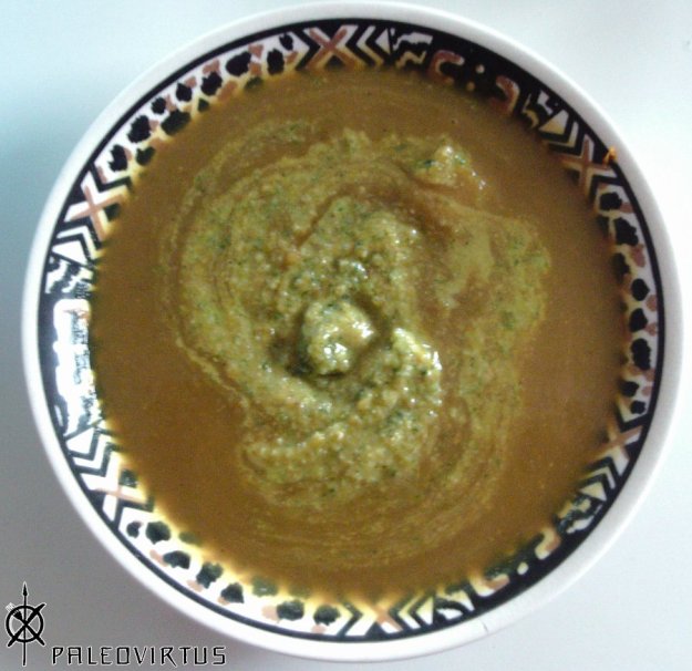Curried butternut squash and apple soup with walnut and parsley pesto